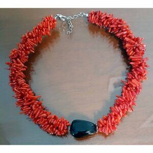 Genuine Red Coral Branches with Large Black Onyx Stone Necklace